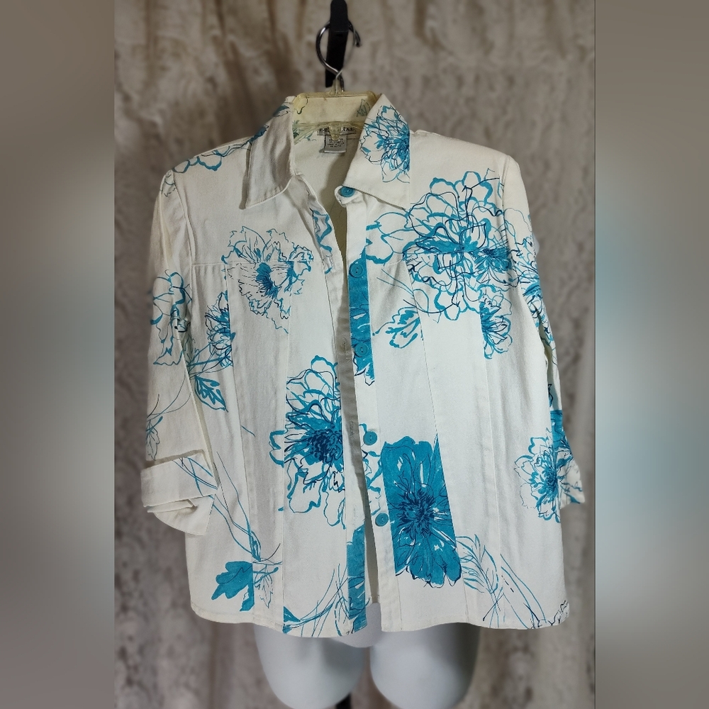 West Lake White And  Caribbean Blue Floral Print Jacket NWOT